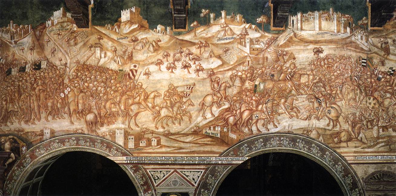 Victory of the Sienese Troops at Val di Chiana, author Lippo Vanni, Palazzo Publico, Siena, 1364.jpg