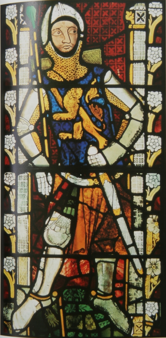 Robert Fitzhamon, vitráž v Tewksburyském opatství, Anglie, cca 1340, malý.JPG