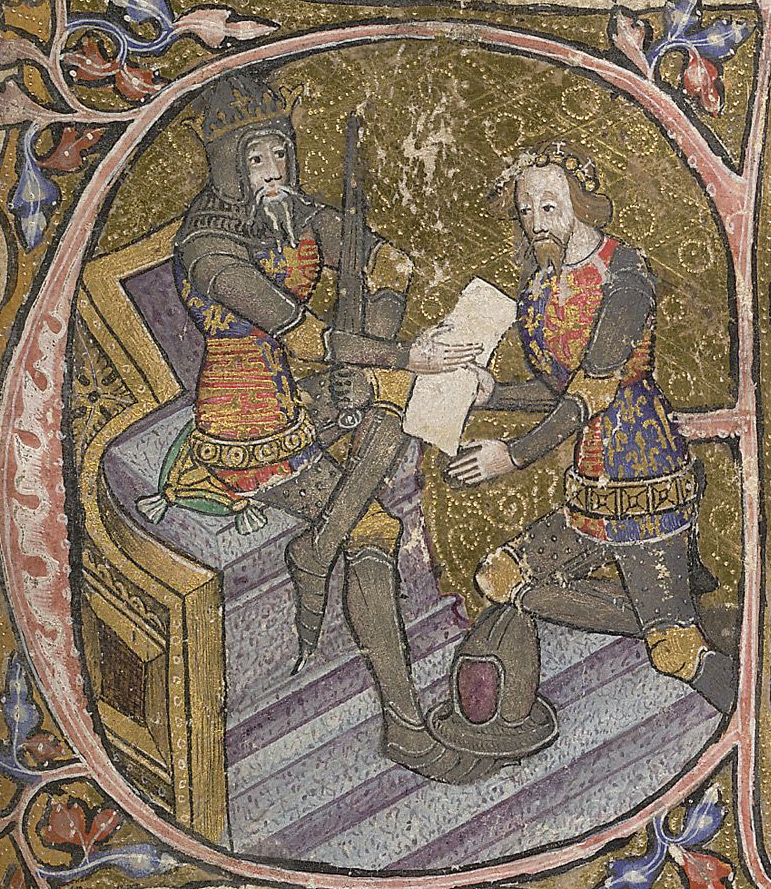 Edward, the Black Prince is granted Aquitaine by his father King Edward III. Initial letter E of miniature, 1390, f.31.jpg